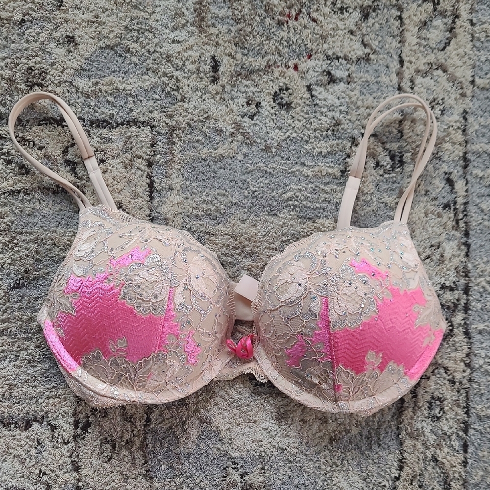 Lace Overlay Pink and Cream Bra